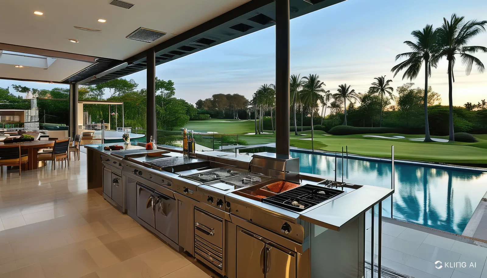 Modern outdoor kitchen overlooking a pool with built-in grill and cabinetry
